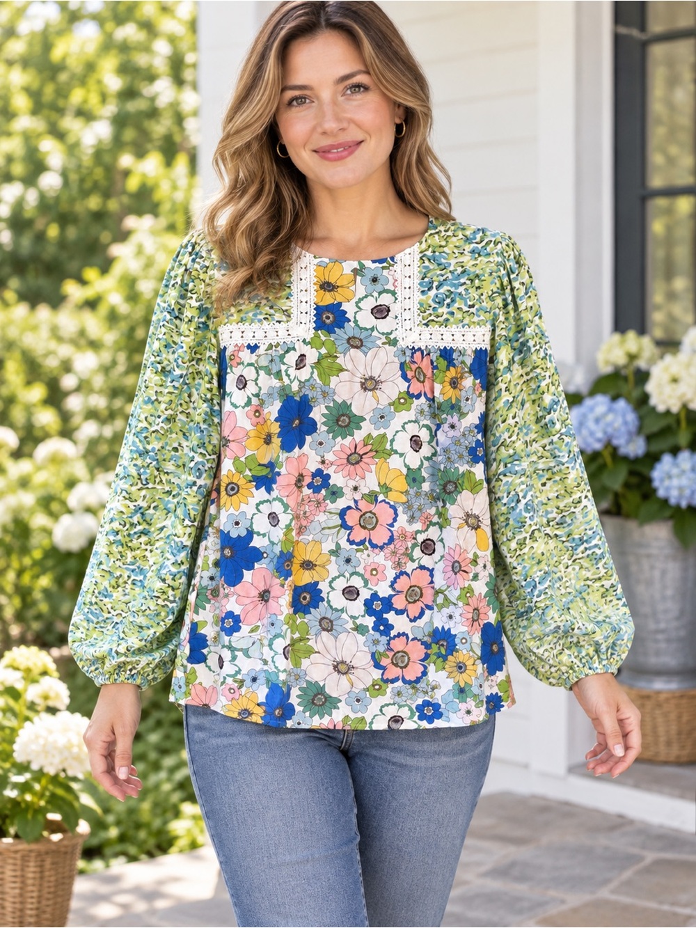 Floral Patchwork Long-Sleeve Blouse in Multi Green